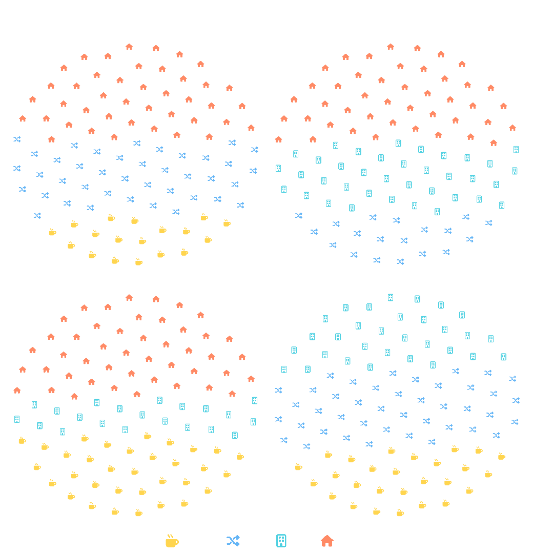 Four circular pictograms, one per region, each of 100 icons split between office, remote, hybrid and freelance work, drawn in cyan, orange, blue and yellow.