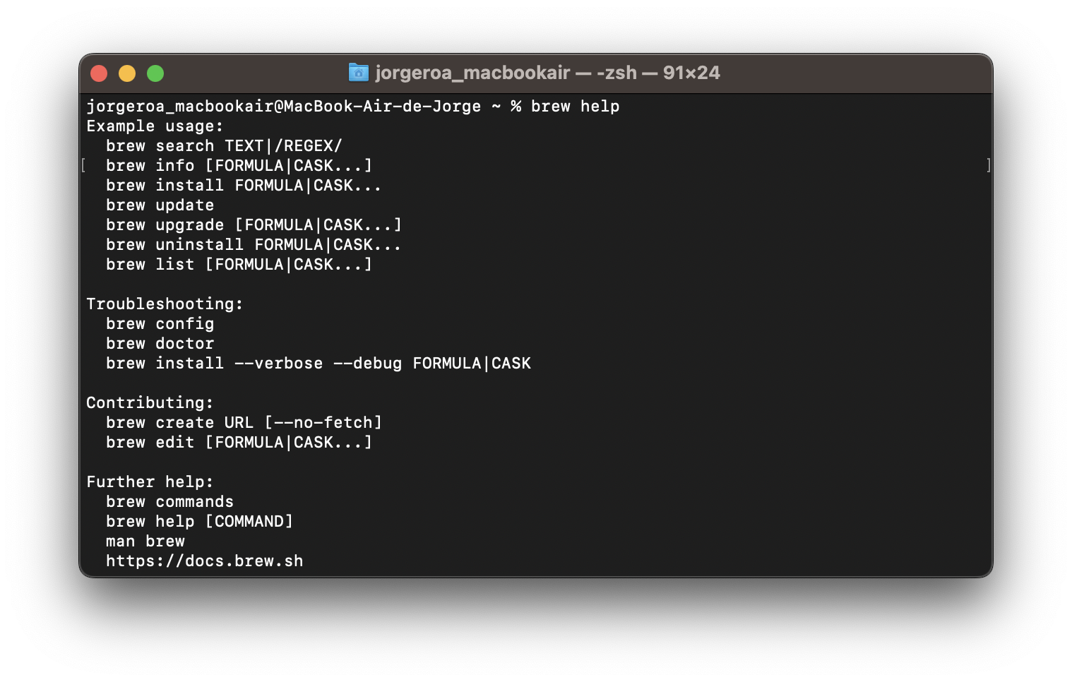 Homebrew help output in terminal