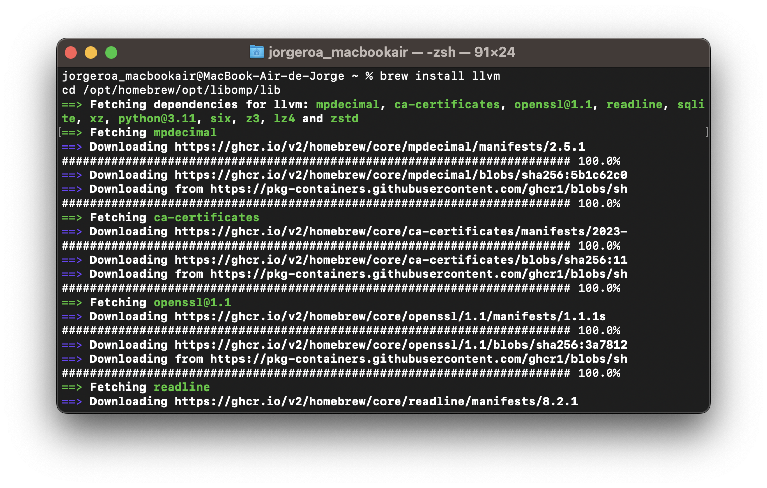LLVM installation terminal output