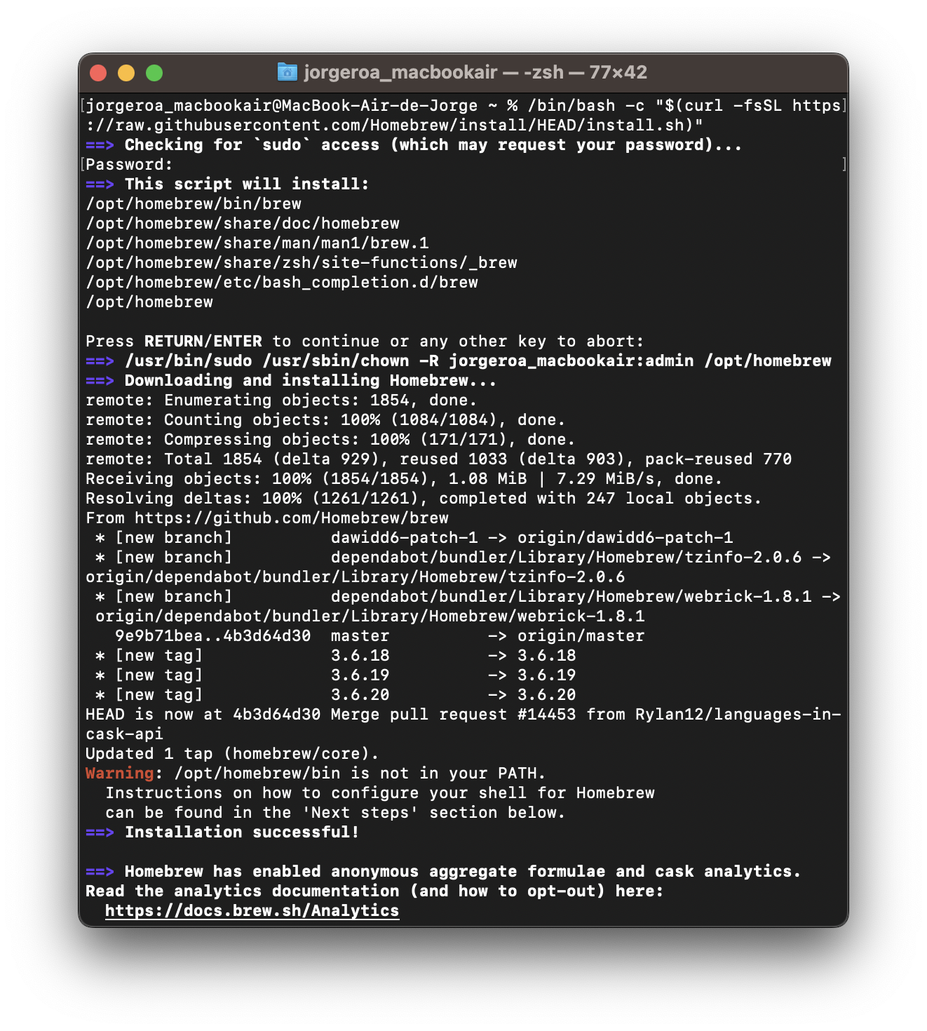 Second install step — home directory setup